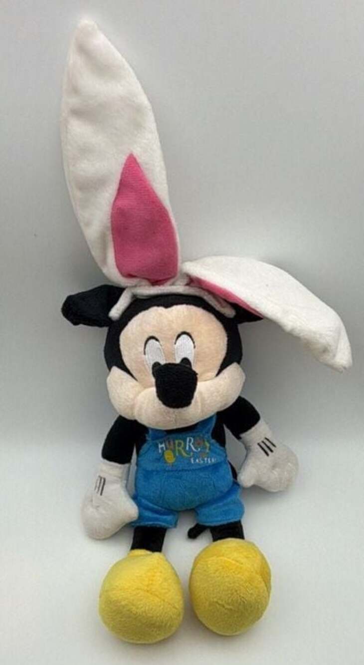 Disney Mickey Mouse Easter Bunny Ears Plush Hooray for Easter Overalls